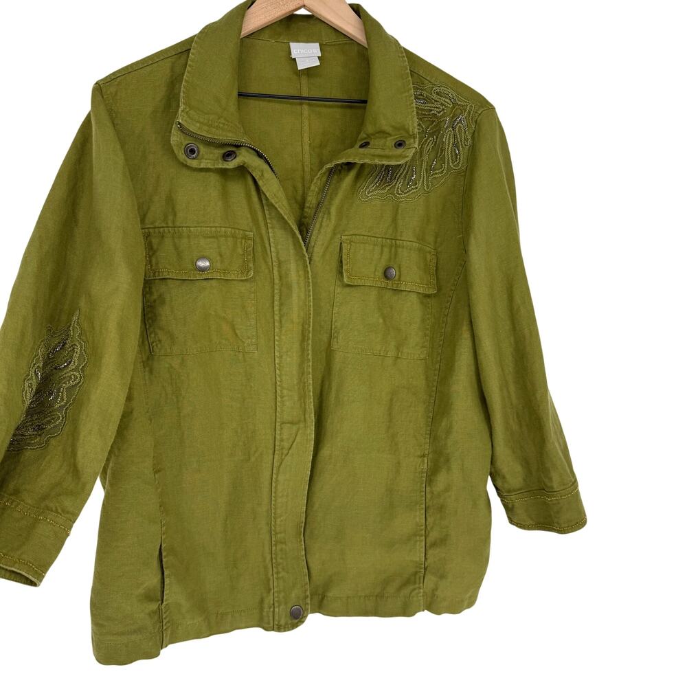 Chico's Olive Green Utility Jacket Linen Embroidery XL Boho Cargo Shacket 16